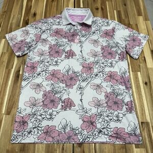 Pins & Aces‎ Polo Shirt Mens XL White Pink Floral Performance Golf Stretch
